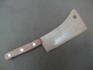 Antique 14 " Meat Cleaver Butcher Knife Brass Screw Wood Handle Thick Steel Blade