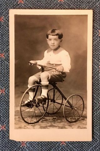 Antique Black & White Photo Post Card Depicting Boy On Tricycle