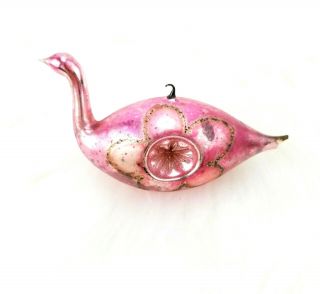 Antique German Hand Blown Glass Figural Pink Swan Bird Indent Christmas Ornament