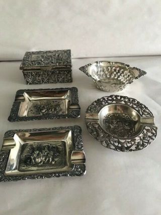 Vintage Silver Plate Ashtrays,  Caskeate Box And Birks Sterling Small Nut/candy