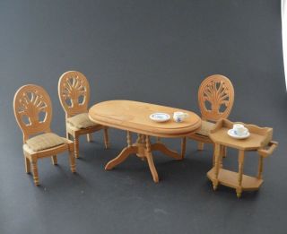 Vintage Toy Doll House Furniture Dinning Set Table,  3 Chairs,  Tea Cart - E