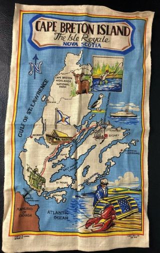 Rare Vtg Linen Tea Towel Burlap Cape Breton Island Map Wall Art Nova Scotia