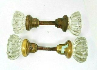 2 Pair Antique 12 Point Glass / Brass Door Knobs With All Set Screws & Rods