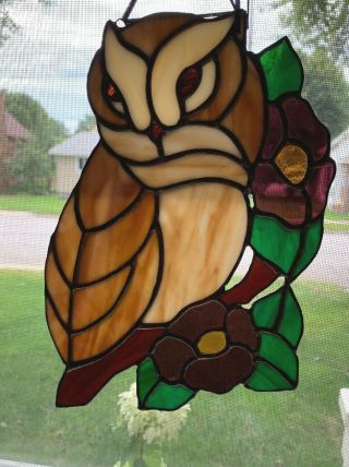 Very Showy 10” Window Hanging Stainglass Owl Purple Gold Flowers
