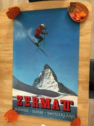 Vintage Swiss Travel Poster For The ”zermatt” Mountain Village 1950 