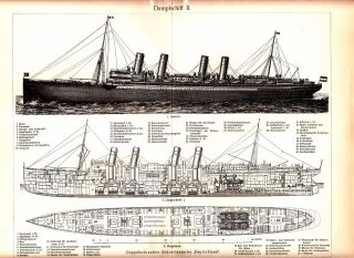 1904 Steamer Steamboat Plan Twin - Screw Steamship " Germany " Antique Print
