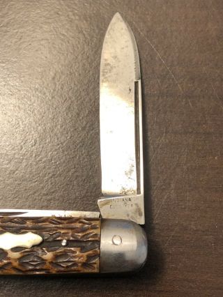 Vintage Indiana Cutlery 2 Blade Equal End Bone Stag Trapper Pocket Knife Rare 2