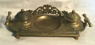Vintage Antique ? Solid Brass Double Ink Well Victorian Rococo Style No Inserts