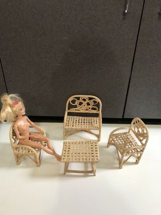 Vtg 4 Pc Set Wicker Rattan Barbie Porch Patio Doll Furniture Table Chairs Couch