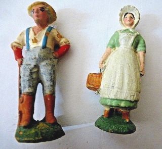 Antique Vintage People Figures Pair Man Woman Farm Village Hand Carved Wood