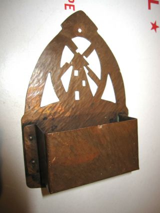 Antique Arts & Crafts Movement Hammered Copper Match Holder W/ Windmill