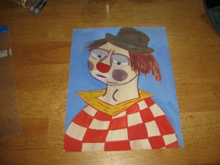 Vintage Clown Painting On Paper About 12 " By 9 " Folk Art