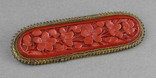 Fine Antique Chinese Carved Red Cinnabar Lacquer Floral Bar Brooch