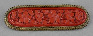 Fine Antique Chinese Carved Red Cinnabar Lacquer Floral Bar Brooch 2