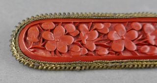 Fine Antique Chinese Carved Red Cinnabar Lacquer Floral Bar Brooch 3