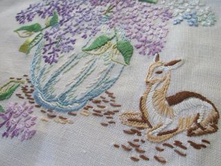 Vintage Hand Embroidered Linen Cushion Cover - Deer With Vase Of Lilac Blossom