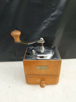 Vintage Antique Wooden " Pede " Coffee Grinder Hand Crank