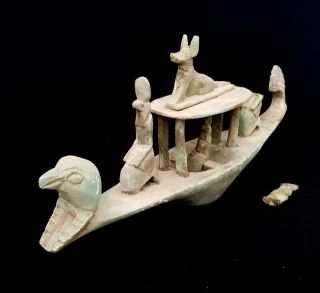 Rare Huge Egyptian Antique Carved Egypt Funerary Boat Barge Horus Anubis