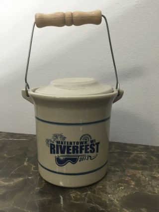 Red Wing Stoneware Lidded Crock With Handle 4 " Tall Riverfest 2012 Watertown,  Wi