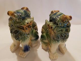 Foo Dogs Matched Green/blue/brown Ceramic Glazed - - 5.  75 Tall Vintage