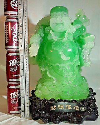 Chinese Jade Green Resin Laughing Buddha Statue On Base