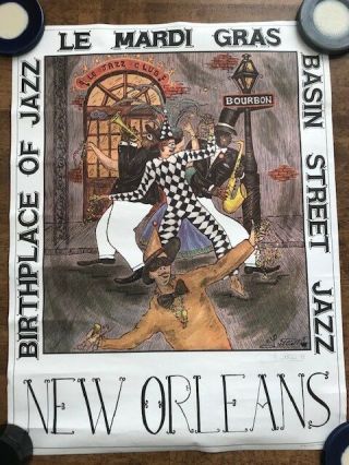 Vintage Signed George Luttrell Le Mardi Gras Birthplace Of Jazz Poster
