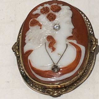 Vintage Antique Large Czech Coral Glass Cameo Filigree Brooch Pin Pendant C 1930