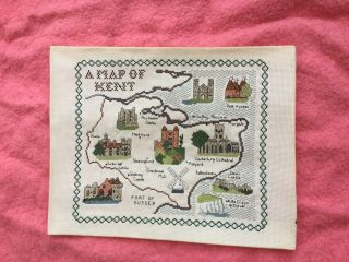 Vintage Tapestry Embroidered Picture Hand Stitch Map Of Kent Castle Cathedral