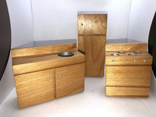 Vtg Solid Wood Miniatures Dollhouse Kitchen Furniture - Handcrafted In Vermont