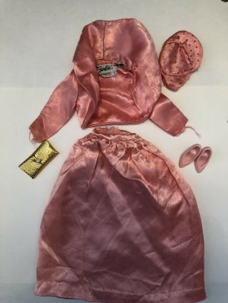 Vintage Barbie Clothing Pink Satin Skirt Jacket Hat Gold Purse And Shoes