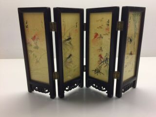 Vintage Miniature Oriental Room Divider 4 Panel Wall Screen Reversible Folding