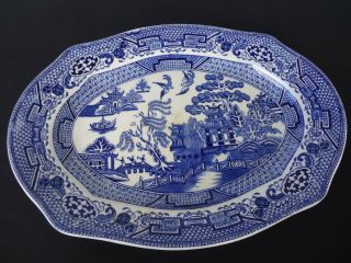 Vintage Antique Blue Willow Pattern Oblong Platter Medium