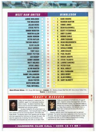 West Ham Utd v Wimbledon Rare Official Match Day Programme 14th August 1993 2