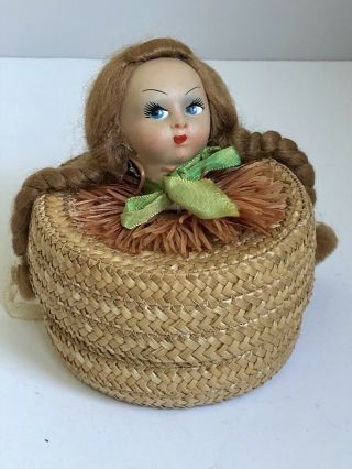 Antique Vintage 1930’s Wicker Basket Trinket Box W/ Doll Head