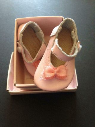Vintage Pink Leather Doll Shoes W/ Button Strap & Pink Bow