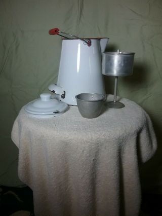Antique White W/red Line Enamelware Camping Percolator W/cup