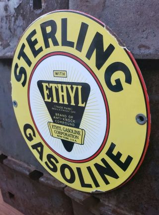 RARE OLD STERLING GASOLINE WITH ETHYL PORCELAIN GAS SIGN YORK ANTI - KNOCK 2