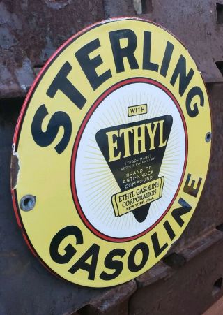 RARE OLD STERLING GASOLINE WITH ETHYL PORCELAIN GAS SIGN YORK ANTI - KNOCK 3