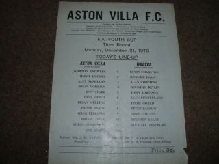 Rare Aston Villa V Wolves Fa Youth Cup 3rd Round 21st December 1970 S/s