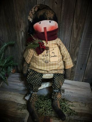 Primitive 21x7in Holiday Snowman Dress Fabric Handmade Country Old Rusty Doll
