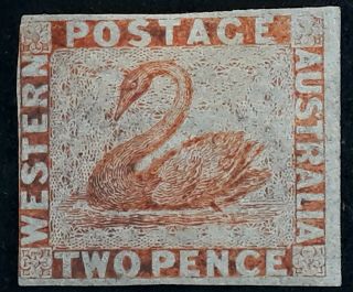 Rare 1860 - Western Australia 2d Orange Vermilion Imp Swan Stamp Regummed