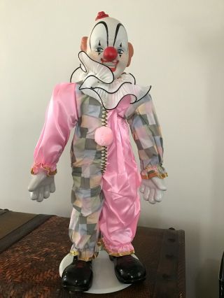 Porcelain Clown Doll Antique Large Pink And Checkered Suit With Stand