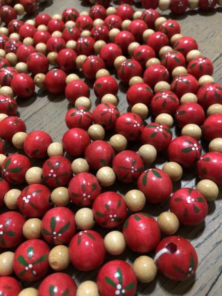 Rare Vintage Wood Bead Tree Garland Painted Holly On Red Beads 9ft
