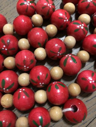 RARE Vintage Wood Bead Tree Garland Painted Holly on Red Beads 9ft 2