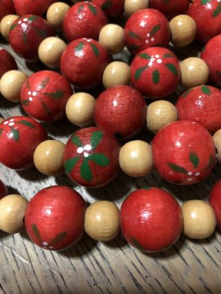 RARE Vintage Wood Bead Tree Garland Painted Holly on Red Beads 9ft 3