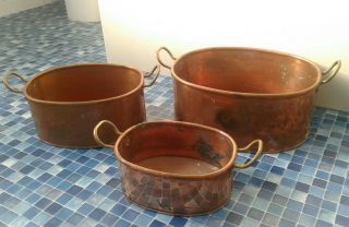 Vintage Large Copper,  Jam Cooking Pans With Brass Handles,  Full Set Of Three,  Rare.