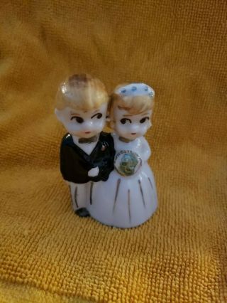 Vintage Bride & Groom Couple Wedding Bell Cake Topper Japan Hand Painted 3 " High