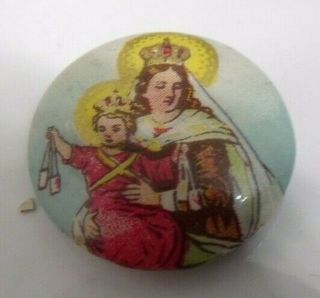 Antique Vtg Virgin Mary Baby Jesus Badge Pinback Button - James Spencer & Co
