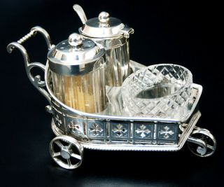 Antique Victorian Silver Plated Wheeled Cruet Set Salt Pepper Mustard Pot
