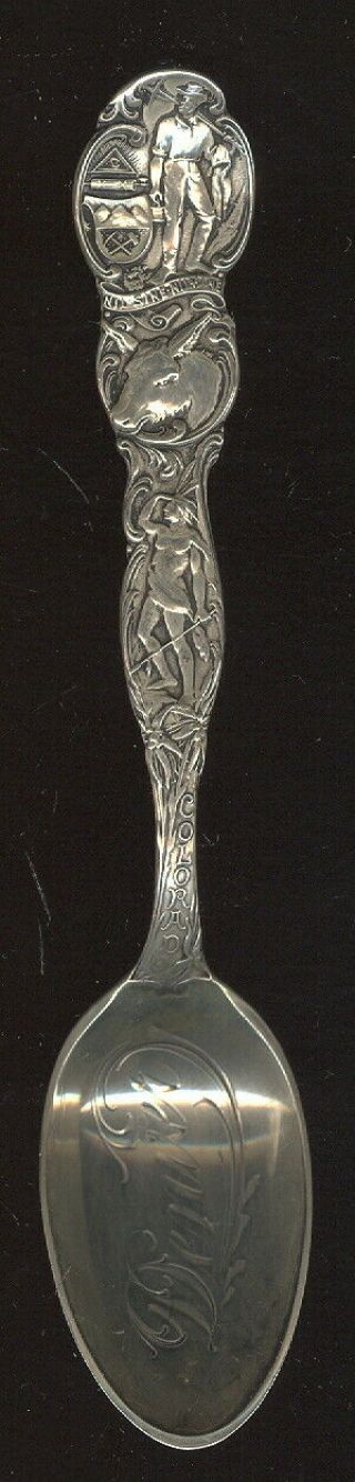Marked Sterling Denver,  Co.  Souvenir Spoon,  Miner & Am.  Indian Handle